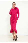 Modatalika Kadın Önden Büzgülü Uzun Kol  Midi Elbise thumbnail 5