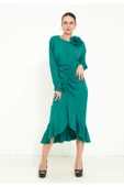 Modatalika Kadın Önden Büzgülü Uzun Kol  Midi Elbise thumbnail 3