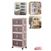 Piev Emayhome Çok Amaçlı Kapaklı Portatif İstiflenebilir Tekerlekli Organizer Dolap 4 Lü Pembe - 1