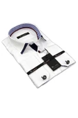 Micro Kumaş Kol Düğmeli Slim Fit Beyaz Erkek Gömlek - 200-1 Lacivert Kombinli - 1
