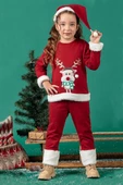 Unisex Çocuk Yılbaşı Christmas Noel Temalı Geyik Model Kapüşonlu 3 İp Şardonlu 3 Parça Alt Üst Takım - 1