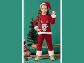 Unisex Çocuk Yılbaşı Christmas Noel Temalı Geyik Model Kapüşonlu 3 İp Şardonlu 3 Parça Alt Üst Takım - 2