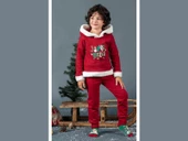Unisex Çocuk Yılbaşı Christmas Noel Temalı Jingle Bells Model Kapüşonlu 3 İp Şardonlu 2 Parça Alt Üst Takım - 2