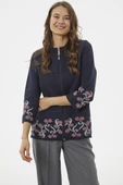 Çiçek Desen Detaylı Yünlü Triko Hırka - Lacivert thumbnail 3