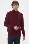 Dik Yaka Fermuarlı Triko Kazak - Bordo - 2