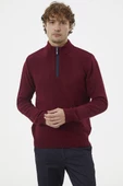 Dik Yaka Fermuarlı Triko Kazak - Bordo - 1