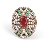 925 Ayar Gümüş Ve Bronz Karışımı Zirkon Yakut Zümrüt Taşlı Yüzük - 2