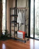 DEKORATİF ÇOK AMAÇLI METAL AYAKLI AHŞAP RAFLI ELBİSE ASKILIĞI AYAKKABILIK PORTATİF PORTMANTO GARDIROP - 1