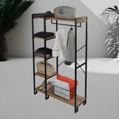 DEKORATİF ÇOK AMAÇLI METAL AYAKLI AHŞAP RAFLI ELBİSE ASKILIĞI AYAKKABILIK PORTATİF PORTMANTO GARDIROP - 4