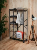 DEKORATİF ÇOK AMAÇLI METAL AYAKLI AHŞAP RAFLI ELBİSE ASKILIĞI AYAKKABILIK PORTATİF PORTMANTO GARDIROP - 2