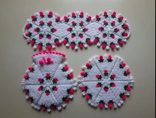 Banyo Lifi Yün El Örmesi 3'lü Ceyizlik Seti Çiçek Desenli PEMBE - 1