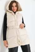 FTZ Women Kadın Kapüşonlu Kemer Detaylı Şişme Yelek  Beige RBN2030 thumbnail 3