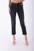 Paçaları Dikişsiz ve Yüksek Belli Cepli Astarsız Kadın Kot Pantolon Mom Fit Jean Antrasit Denim - 2
