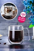 2'li Çift Cidarlı Cam Kupa Bardak 450 ml Ev Ofis Fincanı Çift Katlı Isı Yalıtımlı Kulplu Cam Bardak - 2