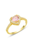 Gümüş altın yaldızlı pembe taşlı pırlanta montürlü Kalp modeli yüzük SGTL12298PEMBE - 1