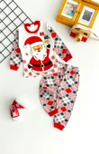 Neşeli Bebekler Yılbaşı Temalı Ekose Baskılı Desen Penye Pijama Takımı - 1