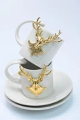 2li Altın Geyik Figürlü Zarif Lüks Seramik Kahve Bardağı & Fincan Seti thumbnail 3