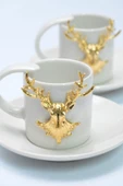 2li Altın Geyik Figürlü Zarif Lüks Seramik Kahve Bardağı & Fincan Seti thumbnail 2