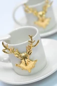 2li Altın Geyik Figürlü Zarif Lüks Seramik Kahve Bardağı & Fincan Seti thumbnail 4