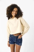 Basic Bej Kapüşonlu Crop Sweatshirt - 2