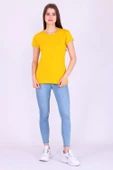 Sarı Renk %100 Pamuk Bisiklet Yaka Basic Baskısız Kadın Örme Kısa Kollu Tshirt thumbnail 4