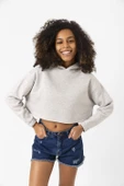 Basic Gri Kapüşonlu Crop Sweatshirt thumbnail 1