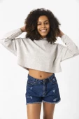 Basic Kırçıllı Gri Kapüşonlu Crop Sweatshirt thumbnail 7