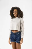 Basic Kırçıllı Gri Kapüşonlu Crop Sweatshirt thumbnail 5