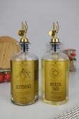Digithome Lombardino 2'li Cam Zeytinyağı ve Sıvıyağ Şişesi Otomatik Kapaklı Gold Etiketli Yağdanlık 500 Ml C1-1-289 - 4
