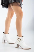 Cilt Metal Kemerli Beyaz Kadın Kalın Topuklu Bot thumbnail 2