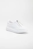 Kalın Taban Cilt Fermuarlı Beyaz Kadın Spor Ayakkabı thumbnail 4
