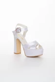 Platformlu Saten Taşlı Beyaz Kadın Topuklu Abiye Ayakkabı thumbnail 3