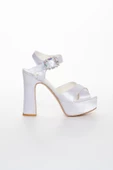 Platformlu Saten Taşlı Beyaz Kadın Topuklu Abiye Ayakkabı thumbnail 2