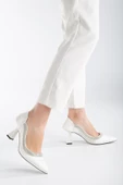 Saten Kalın Sıra Taşlı Beyaz Kadın Kadeh Topuk Stiletto - 2