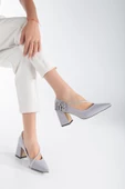 saten Çapraz Taş Detaylı Gümüş Kadın Kalın Topuk Stiletto - 2
