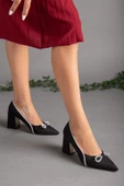Saten Taşlı Kalın Topuk Siyah Kadın Stiletto - 1
