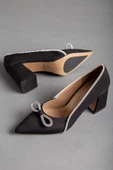 Saten Taşlı Kalın Topuk Siyah Kadın Stiletto - 3