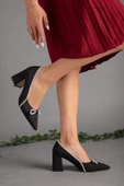 Saten Taşlı Kalın Topuk Siyah Kadın Stiletto - 2