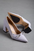 Saten Taşlı Kalın Topuk Gri Kadın Stiletto - 3