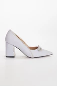 Saten Taşlı Kalın Topuk Gri Kadın Stiletto - 5