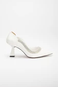 Saten Kalın Sıra Taşlı Beyaz Kadın Kadeh Topuk Stiletto - 3