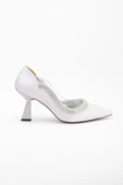 Saten Kalın Sıra Taşlı Gümüş Kadın Kadeh Topuk Stiletto - 3