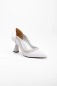 Saten Kalın Sıra Taşlı Gümüş Kadın Kadeh Topuk Stiletto - 4