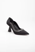 Saten Kalın Sıra Taşlı Siyah Kadın Kadeh Topuk Stiletto - 4