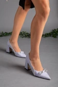 Saten Taşlı Kalın Topuk Gri Kadın Stiletto - 2