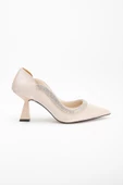 Saten Kalın Sıra Taşlı Ten Kadın Kadeh Topuk Stiletto - 3