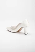 Saten Kalın Sıra Taşlı Beyaz Kadın Kadeh Topuk Stiletto - 5