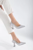 Saten Kalın Sıra Taşlı Gümüş Kadın Kadeh Topuk Stiletto - 2