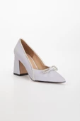 Saten Taşlı Kalın Topuk Gri Kadın Stiletto - 4