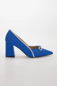 Saten Taşlı Kalın Topuk Mavi Kadın Stiletto - 5